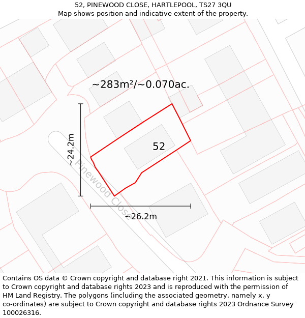 52, PINEWOOD CLOSE, HARTLEPOOL, TS27 3QU: Plot and title map