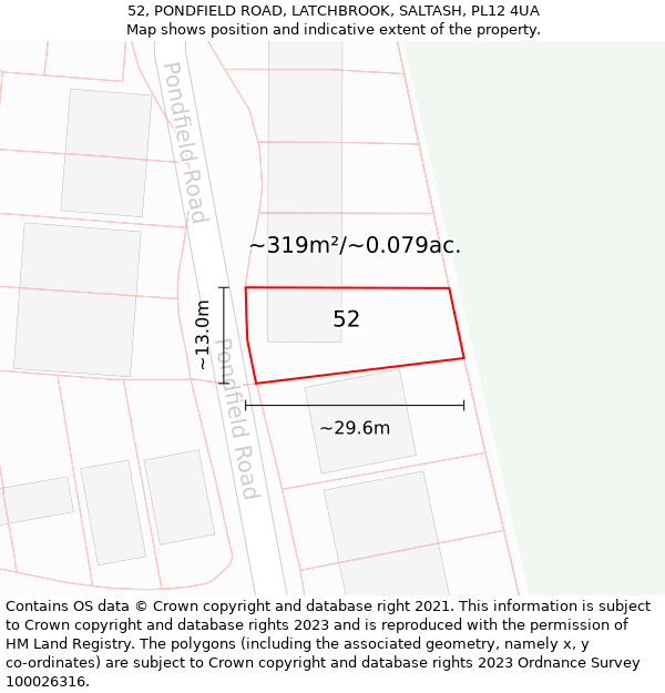 52, PONDFIELD ROAD, LATCHBROOK, SALTASH, PL12 4UA: Plot and title map