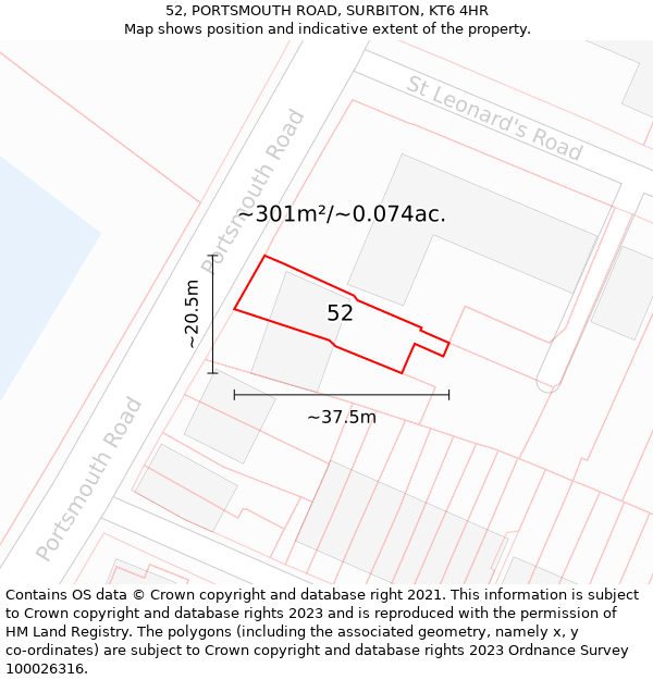 52, PORTSMOUTH ROAD, SURBITON, KT6 4HR: Plot and title map