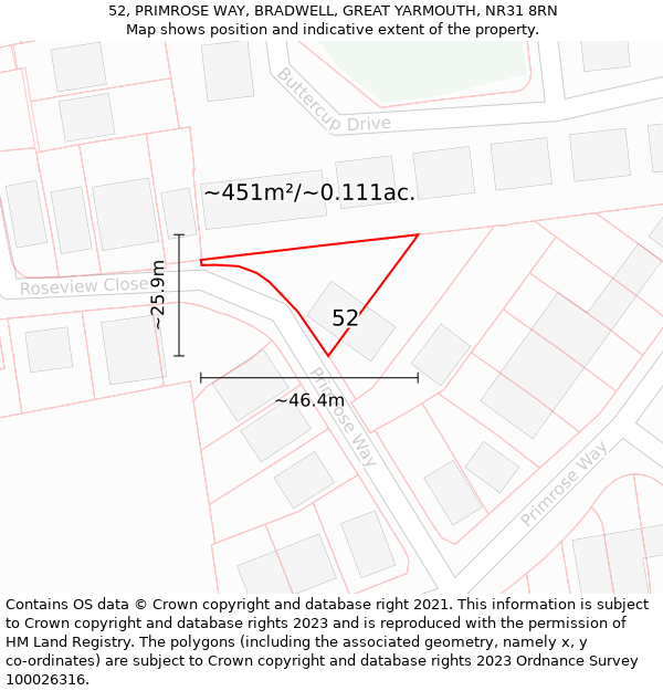 52, PRIMROSE WAY, BRADWELL, GREAT YARMOUTH, NR31 8RN: Plot and title map