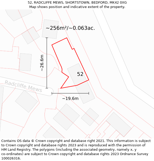 52, RADCLIFFE MEWS, SHORTSTOWN, BEDFORD, MK42 0XG: Plot and title map