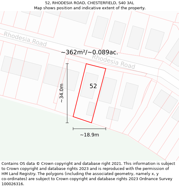 52, RHODESIA ROAD, CHESTERFIELD, S40 3AL: Plot and title map