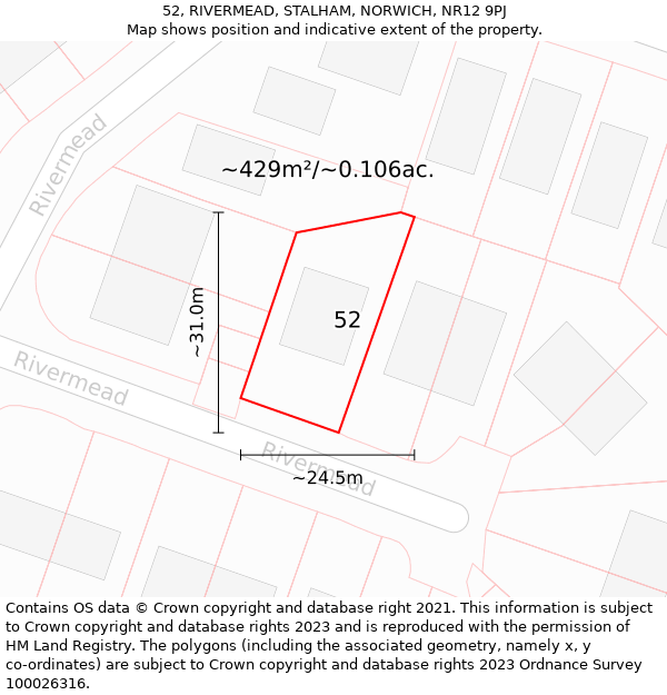 52, RIVERMEAD, STALHAM, NORWICH, NR12 9PJ: Plot and title map