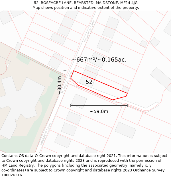 52, ROSEACRE LANE, BEARSTED, MAIDSTONE, ME14 4JG: Plot and title map