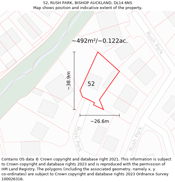 52, RUSH PARK, BISHOP AUCKLAND, DL14 6NS: Plot and title map