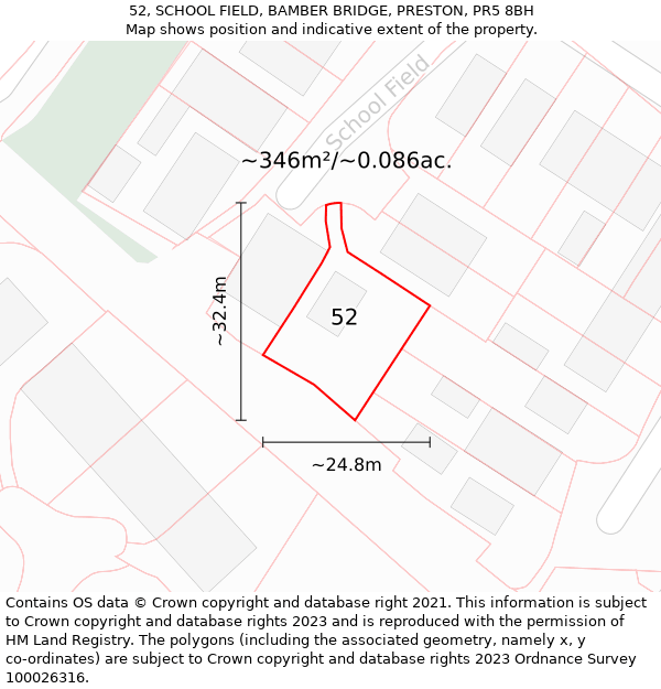 52, SCHOOL FIELD, BAMBER BRIDGE, PRESTON, PR5 8BH: Plot and title map