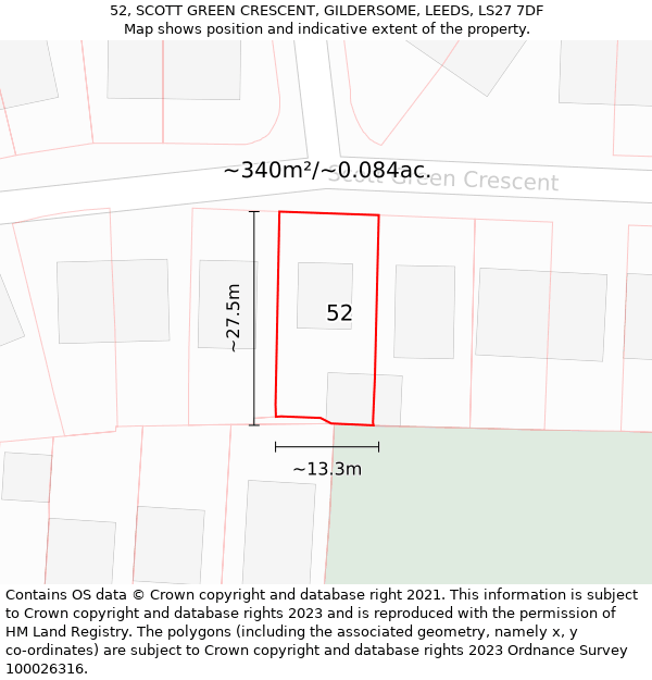 52, SCOTT GREEN CRESCENT, GILDERSOME, LEEDS, LS27 7DF: Plot and title map