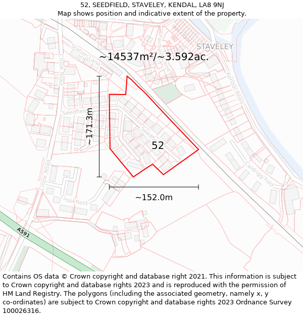 52, SEEDFIELD, STAVELEY, KENDAL, LA8 9NJ: Plot and title map