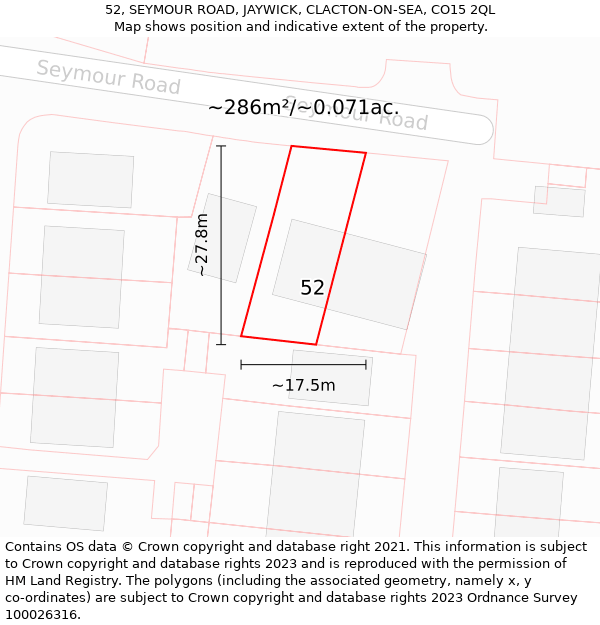52, SEYMOUR ROAD, JAYWICK, CLACTON-ON-SEA, CO15 2QL: Plot and title map