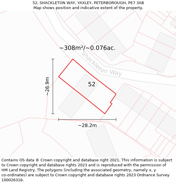 52, SHACKLETON WAY, YAXLEY, PETERBOROUGH, PE7 3AB: Plot and title map