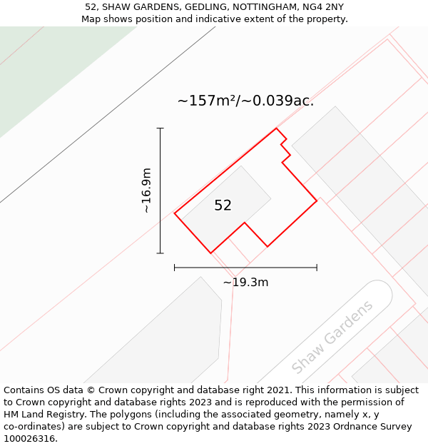 52, SHAW GARDENS, GEDLING, NOTTINGHAM, NG4 2NY: Plot and title map