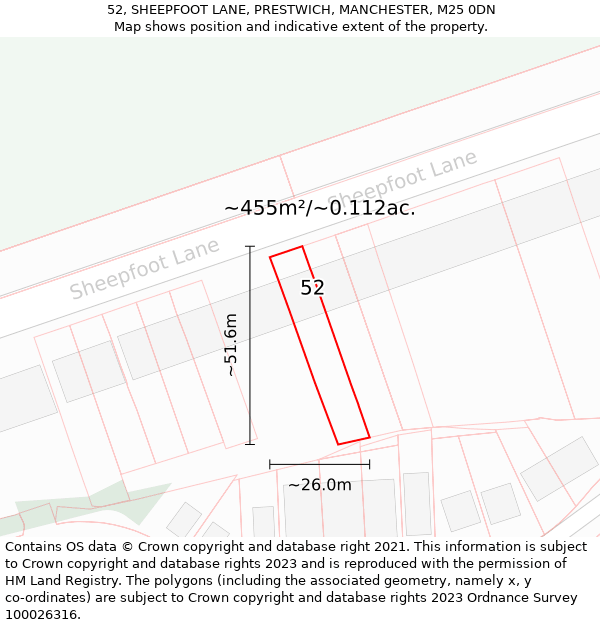 52, SHEEPFOOT LANE, PRESTWICH, MANCHESTER, M25 0DN: Plot and title map