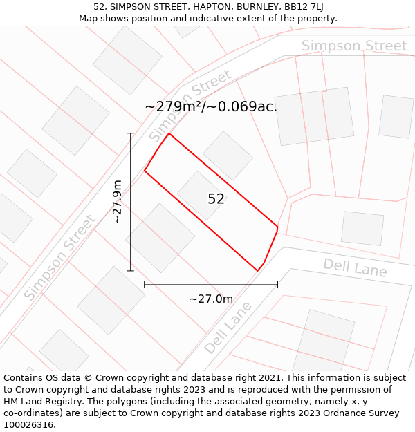 52, SIMPSON STREET, HAPTON, BURNLEY, BB12 7LJ: Plot and title map