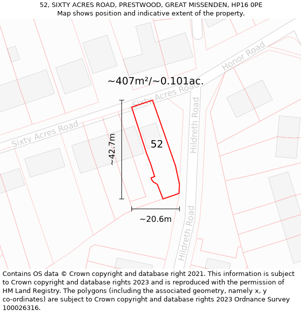 52, SIXTY ACRES ROAD, PRESTWOOD, GREAT MISSENDEN, HP16 0PE: Plot and title map