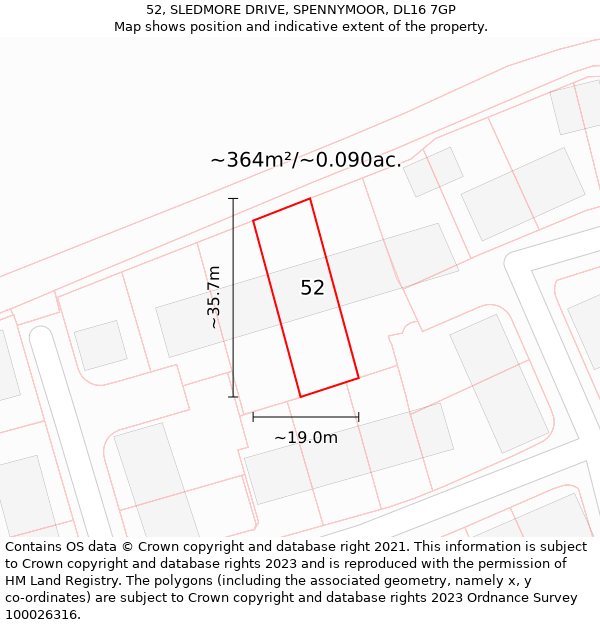 52, SLEDMORE DRIVE, SPENNYMOOR, DL16 7GP: Plot and title map