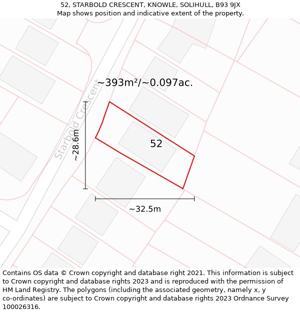 52, STARBOLD CRESCENT, KNOWLE, SOLIHULL, B93 9JX: Plot and title map