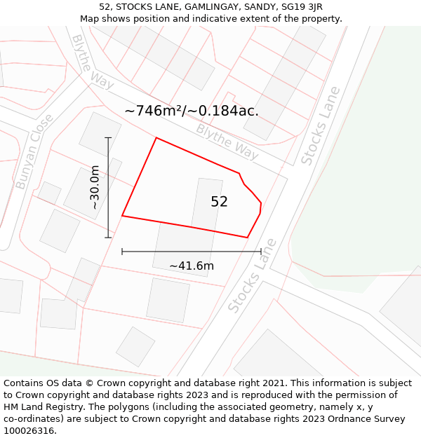 52, STOCKS LANE, GAMLINGAY, SANDY, SG19 3JR: Plot and title map