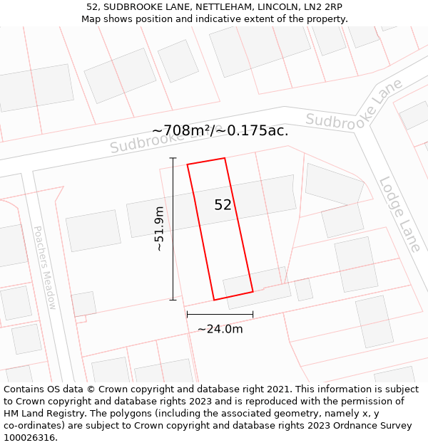 52, SUDBROOKE LANE, NETTLEHAM, LINCOLN, LN2 2RP: Plot and title map