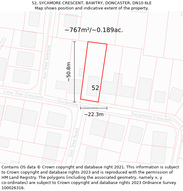 52, SYCAMORE CRESCENT, BAWTRY, DONCASTER, DN10 6LE: Plot and title map