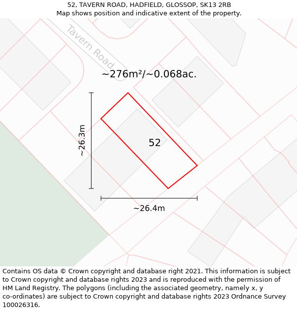 52, TAVERN ROAD, HADFIELD, GLOSSOP, SK13 2RB: Plot and title map