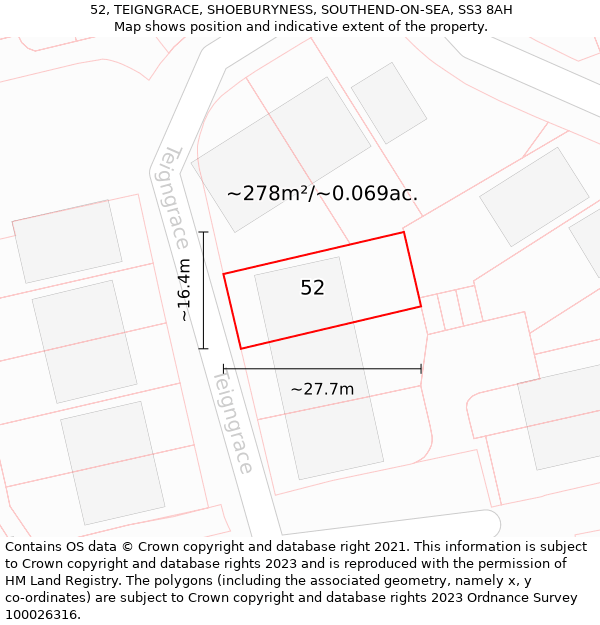 52, TEIGNGRACE, SHOEBURYNESS, SOUTHEND-ON-SEA, SS3 8AH: Plot and title map