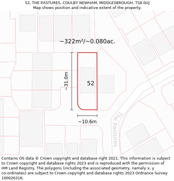 52, THE PASTURES, COULBY NEWHAM, MIDDLESBROUGH, TS8 0UJ: Plot and title map