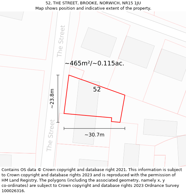 52, THE STREET, BROOKE, NORWICH, NR15 1JU: Plot and title map