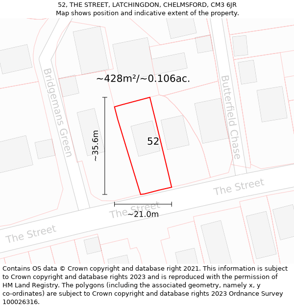 52, THE STREET, LATCHINGDON, CHELMSFORD, CM3 6JR: Plot and title map