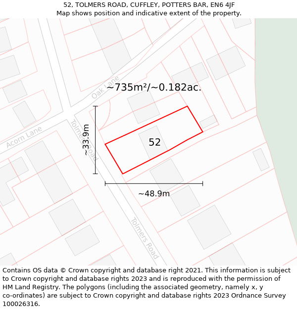 52, TOLMERS ROAD, CUFFLEY, POTTERS BAR, EN6 4JF: Plot and title map