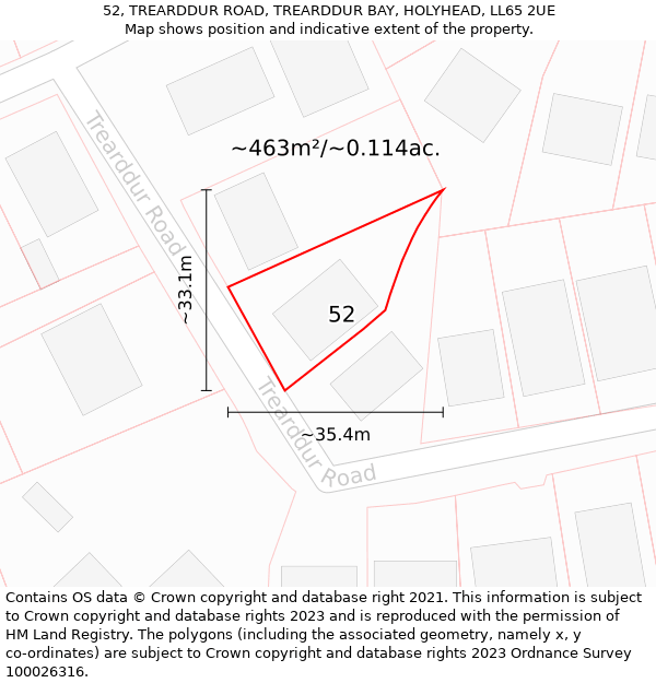 52, TREARDDUR ROAD, TREARDDUR BAY, HOLYHEAD, LL65 2UE: Plot and title map