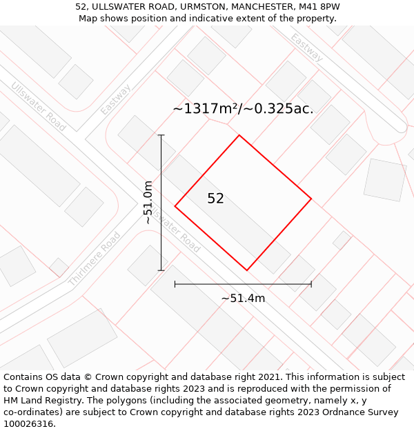 52, ULLSWATER ROAD, URMSTON, MANCHESTER, M41 8PW: Plot and title map