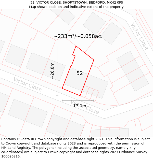 52, VICTOR CLOSE, SHORTSTOWN, BEDFORD, MK42 0FS: Plot and title map