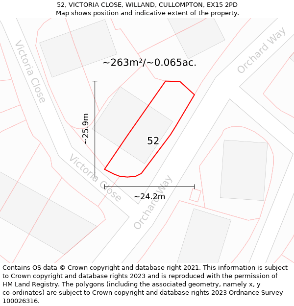 52, VICTORIA CLOSE, WILLAND, CULLOMPTON, EX15 2PD: Plot and title map