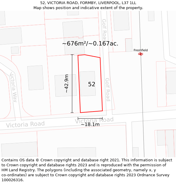 52, VICTORIA ROAD, FORMBY, LIVERPOOL, L37 1LL: Plot and title map