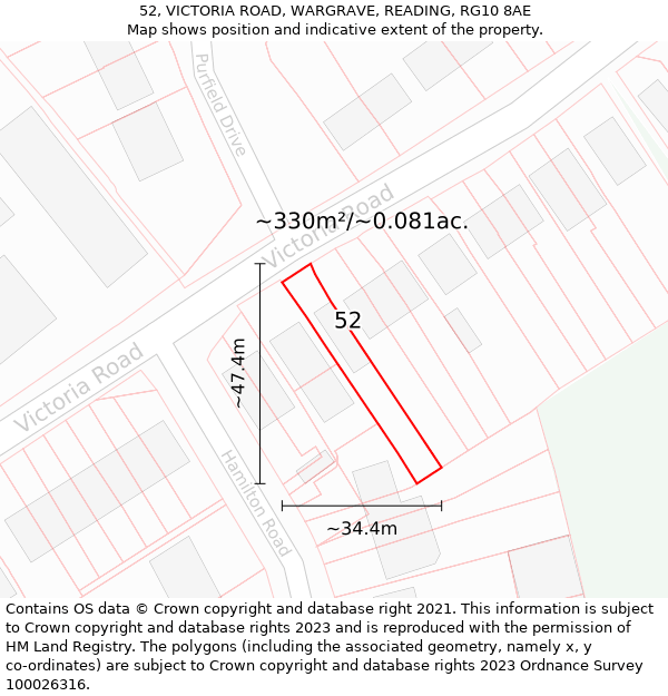 52, VICTORIA ROAD, WARGRAVE, READING, RG10 8AE: Plot and title map