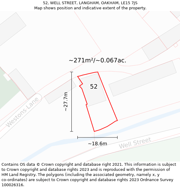 52, WELL STREET, LANGHAM, OAKHAM, LE15 7JS: Plot and title map