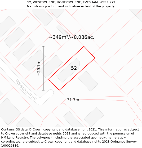 52, WESTBOURNE, HONEYBOURNE, EVESHAM, WR11 7PT: Plot and title map