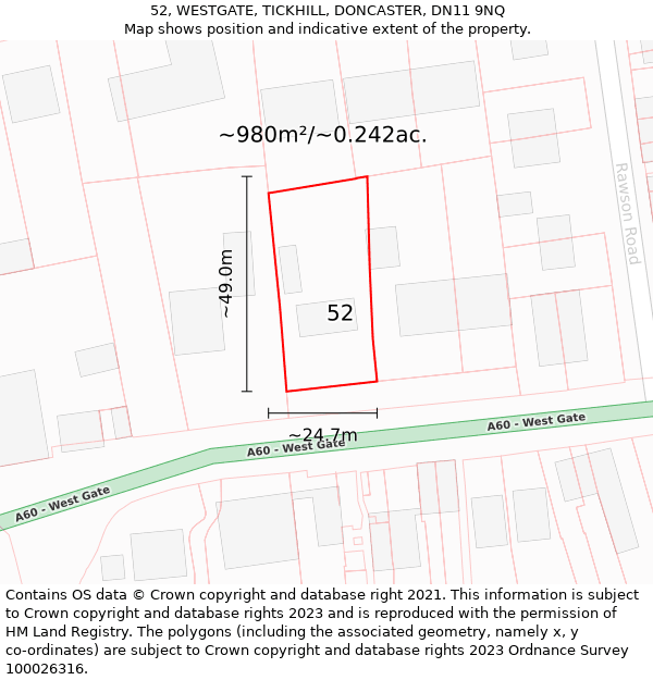 52, WESTGATE, TICKHILL, DONCASTER, DN11 9NQ: Plot and title map