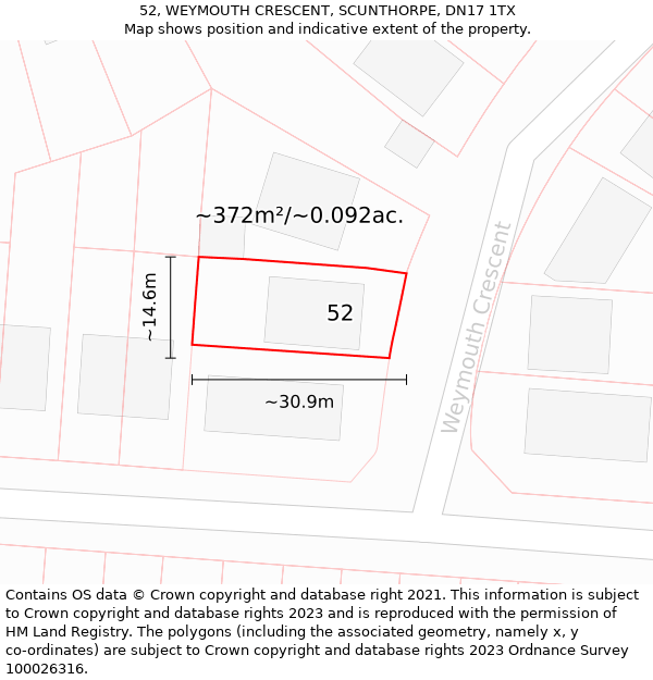 52, WEYMOUTH CRESCENT, SCUNTHORPE, DN17 1TX: Plot and title map