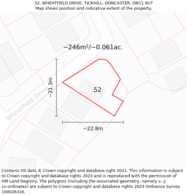 52, WHEATFIELD DRIVE, TICKHILL, DONCASTER, DN11 9UT: Plot and title map