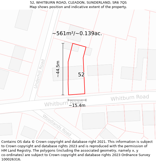 52, WHITBURN ROAD, CLEADON, SUNDERLAND, SR6 7QS: Plot and title map