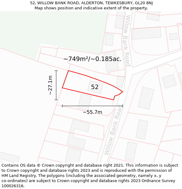 52, WILLOW BANK ROAD, ALDERTON, TEWKESBURY, GL20 8NJ: Plot and title map