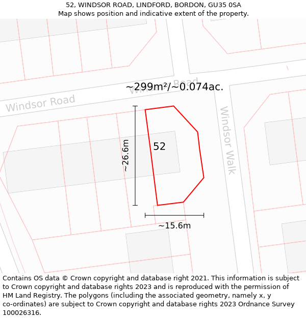 52, WINDSOR ROAD, LINDFORD, BORDON, GU35 0SA: Plot and title map