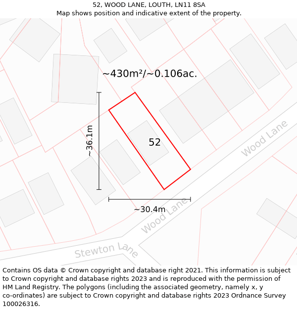 52, WOOD LANE, LOUTH, LN11 8SA: Plot and title map