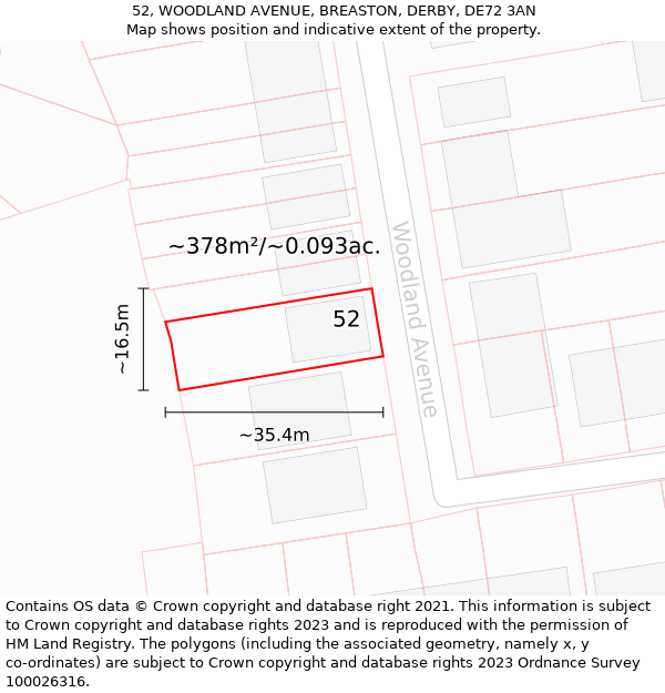 52, WOODLAND AVENUE, BREASTON, DERBY, DE72 3AN: Plot and title map