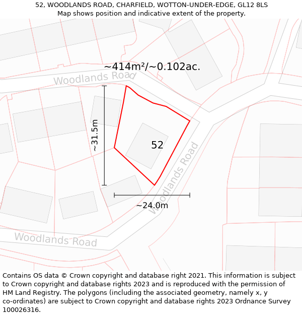 52, WOODLANDS ROAD, CHARFIELD, WOTTON-UNDER-EDGE, GL12 8LS: Plot and title map