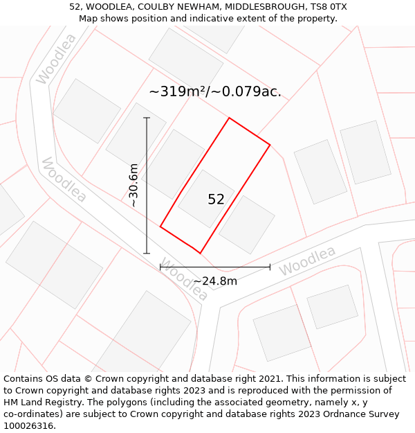 52, WOODLEA, COULBY NEWHAM, MIDDLESBROUGH, TS8 0TX: Plot and title map