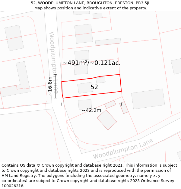 52, WOODPLUMPTON LANE, BROUGHTON, PRESTON, PR3 5JL: Plot and title map