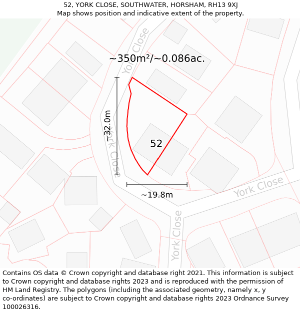 52, YORK CLOSE, SOUTHWATER, HORSHAM, RH13 9XJ: Plot and title map