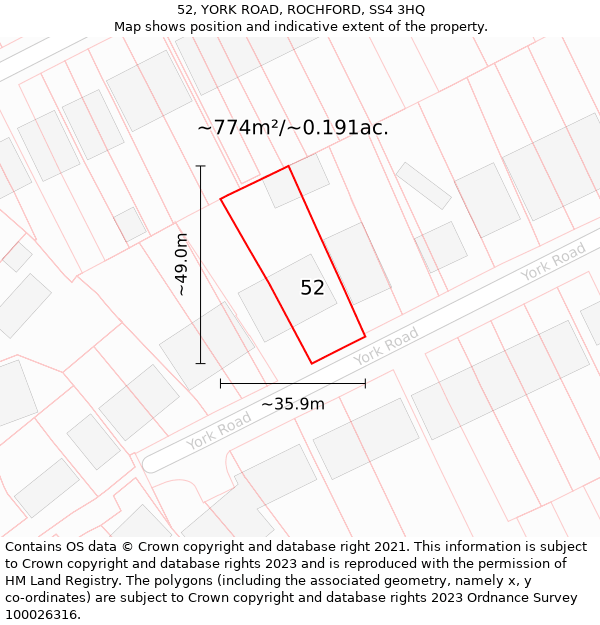 52, YORK ROAD, ROCHFORD, SS4 3HQ: Plot and title map